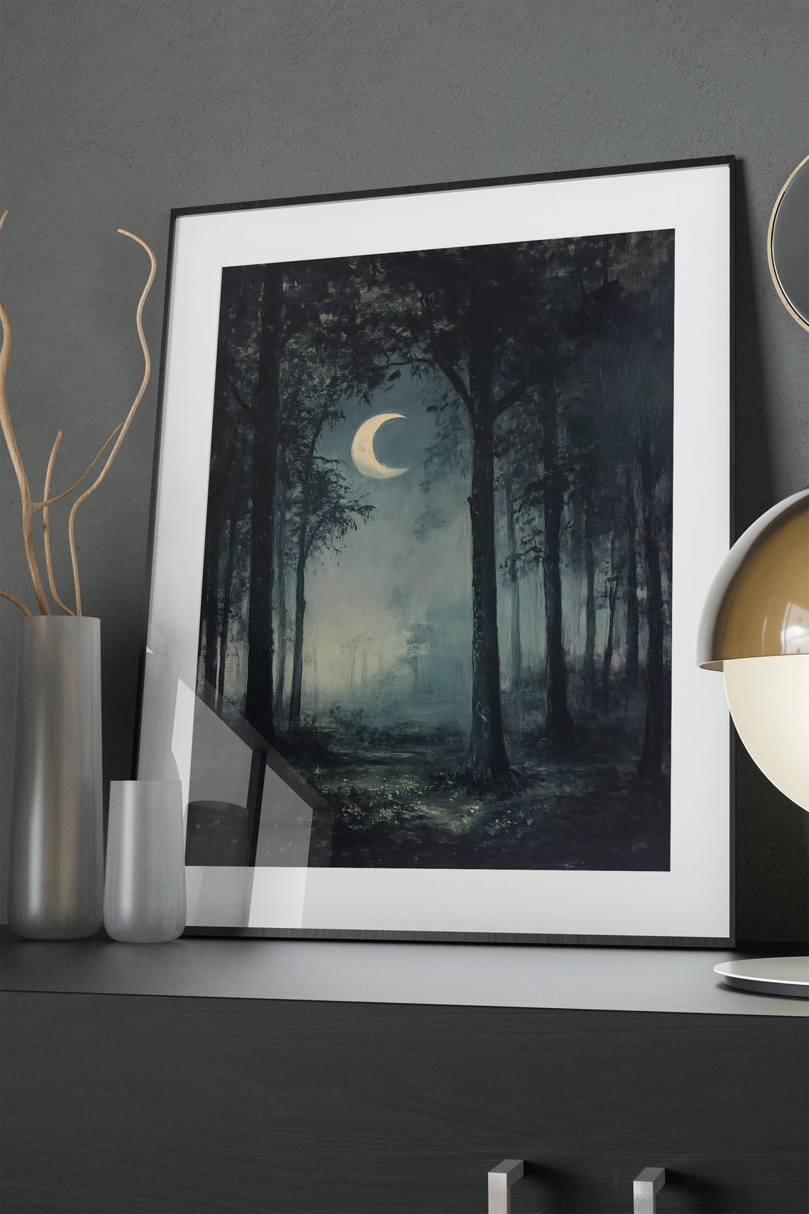 Crescent Moon Over Misty Dark Forest Night Landscape Painting Poster - Image 2