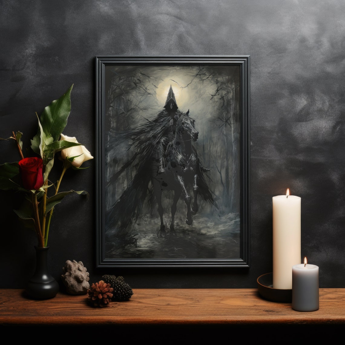 Hooded Rider on Black Horse Moonlit Forest Dark Fantasy Wall Art - Image 3