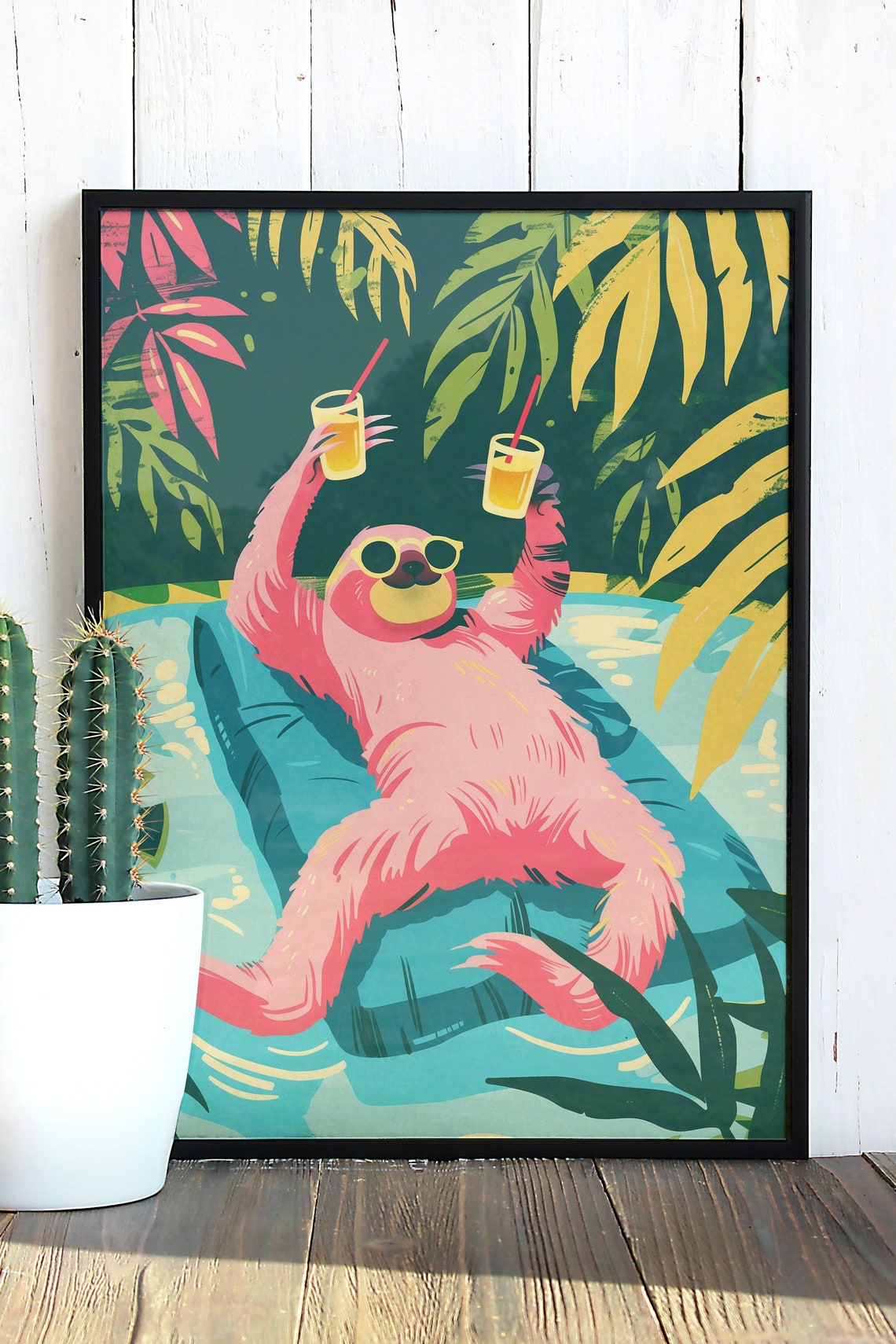 Party Sloth Pool Float Poster Tropical Vacation Retro Cocktail Decor - Image 3