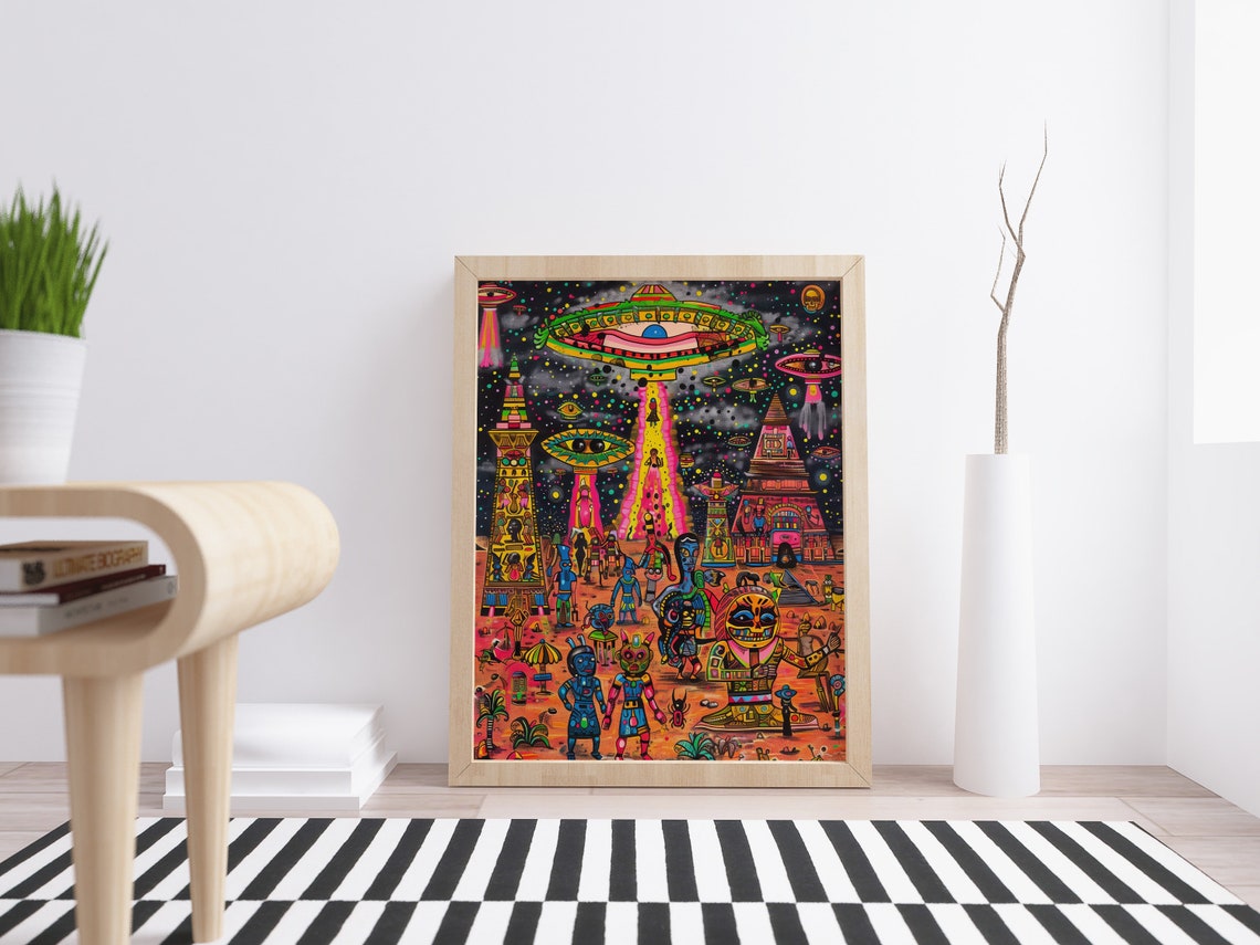 Surreal Alien Art Poster UFO Beams Vibrant Maximalist Color Scene - Image 3