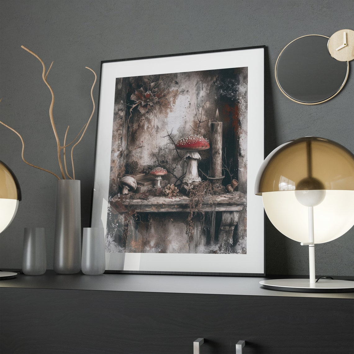 Dark Cottagecore Mushroom Still Life Print Candle Moody Wall Decor - Image 2