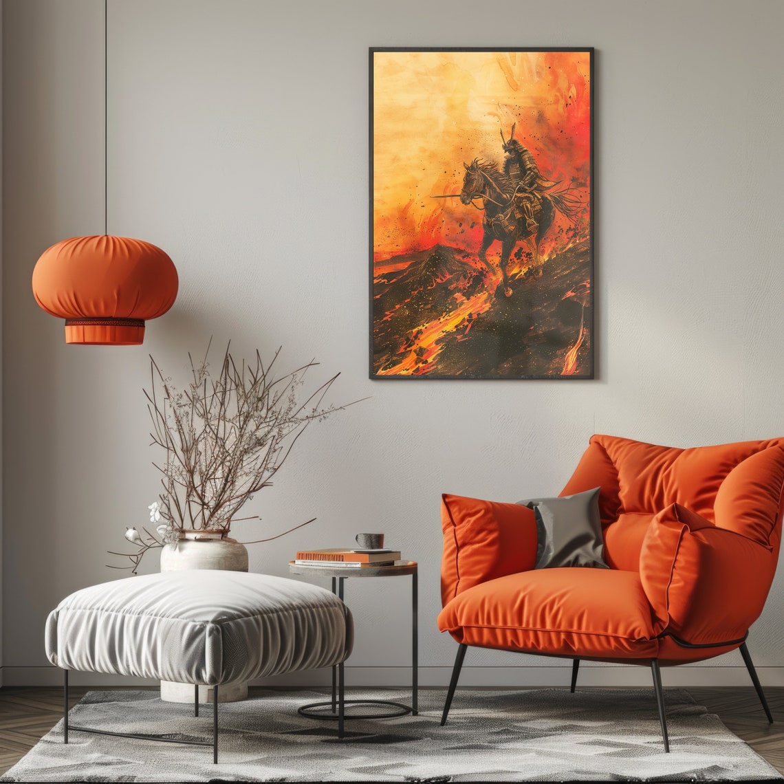 Samurai Warrior Horseback Fire Painting Orange Lava Art Poster - Image 2