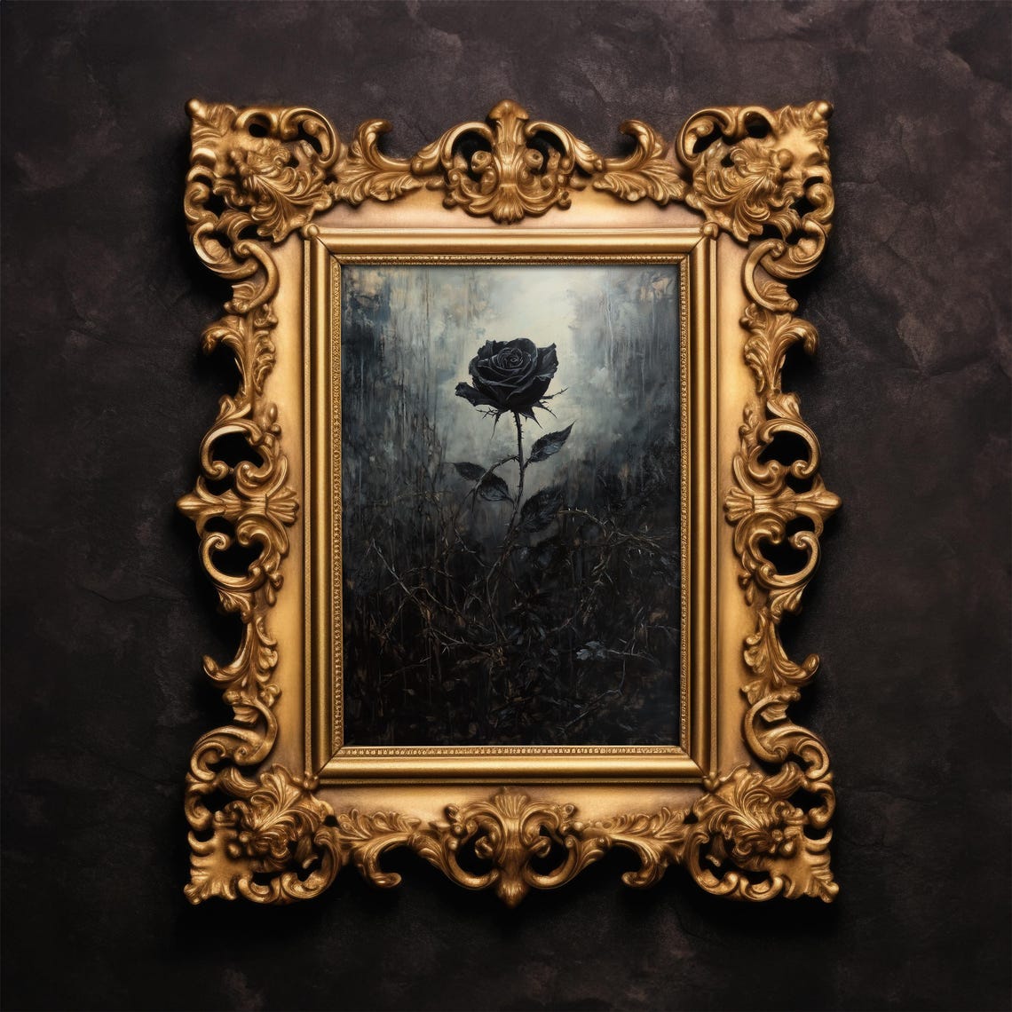 Black Rose Thorny Stem Moody Ornate Gothic Floral Painting Poster - Image 2