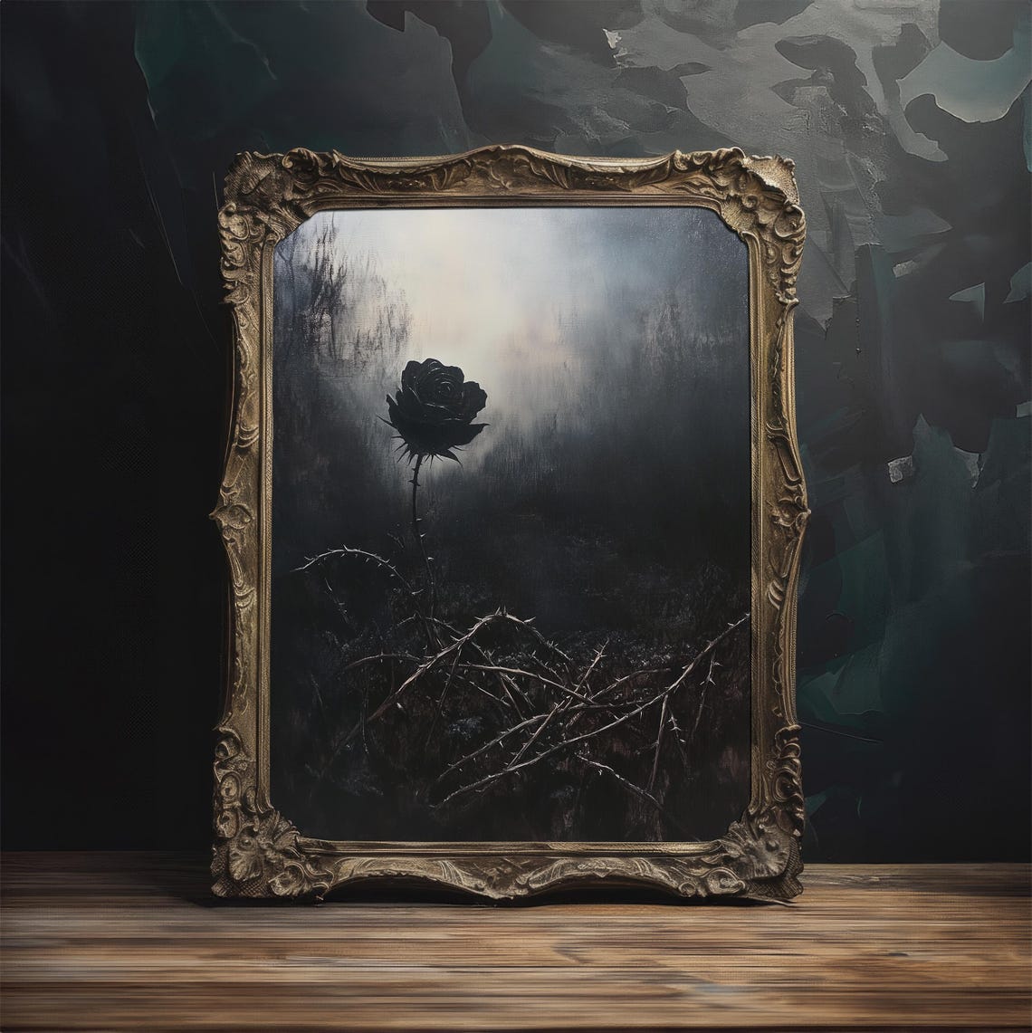 Black Rose in Misty Gray Wilderness Thorny Gothic Painting Poster - Image 4