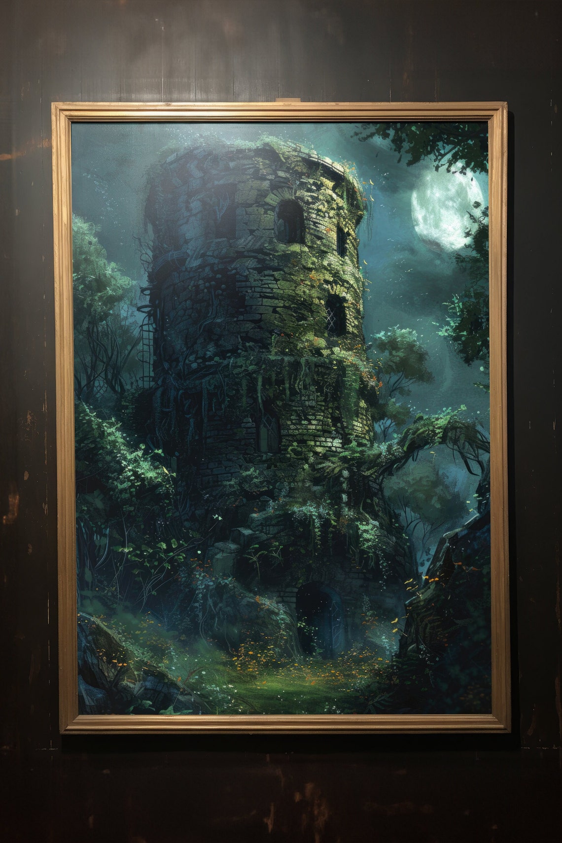 Ancient Moss Covered Tower Ruin Under Moonlight Fantasy Poster - Image 3
