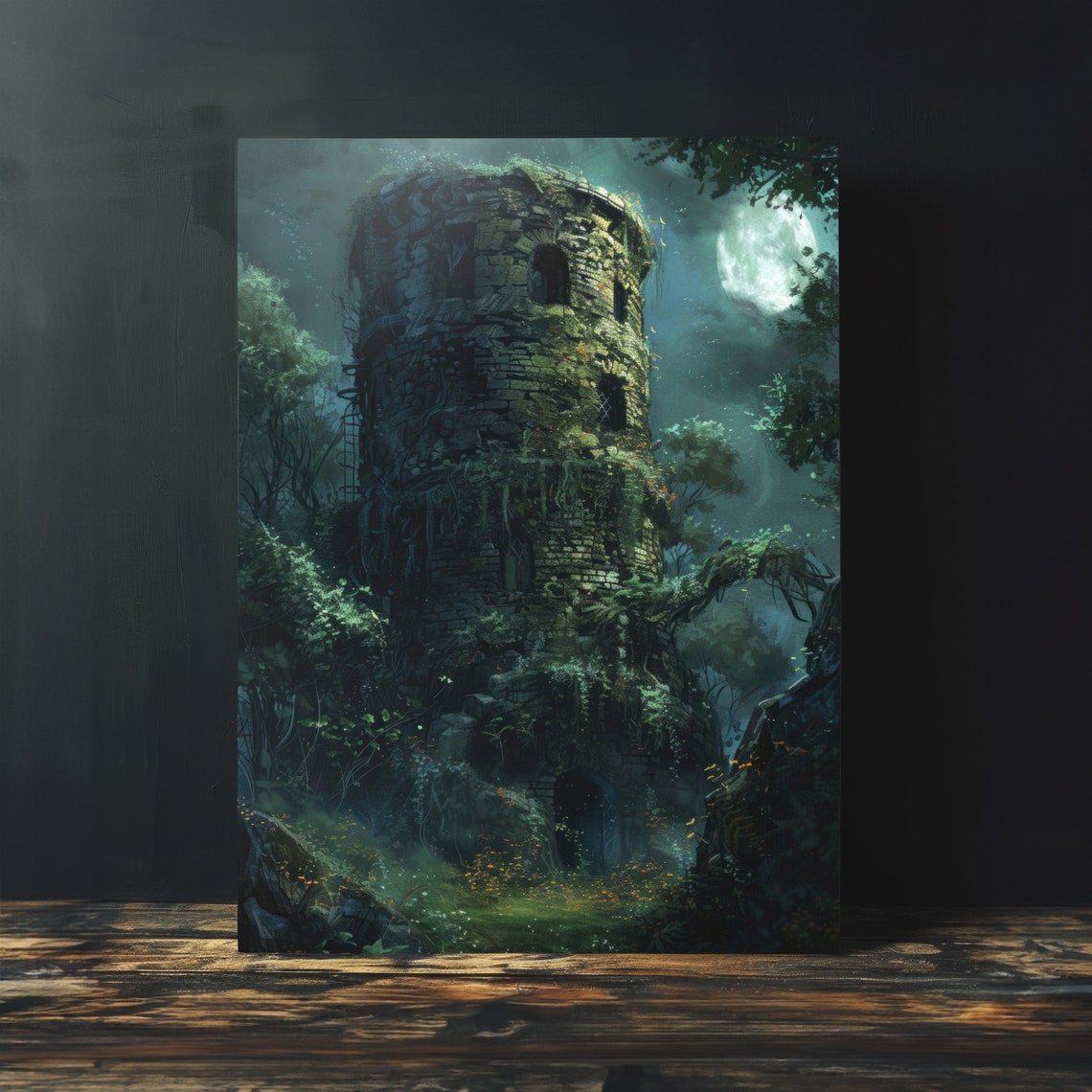 Ancient Moss Covered Tower Ruin Under Moonlight Fantasy Poster - Image 4