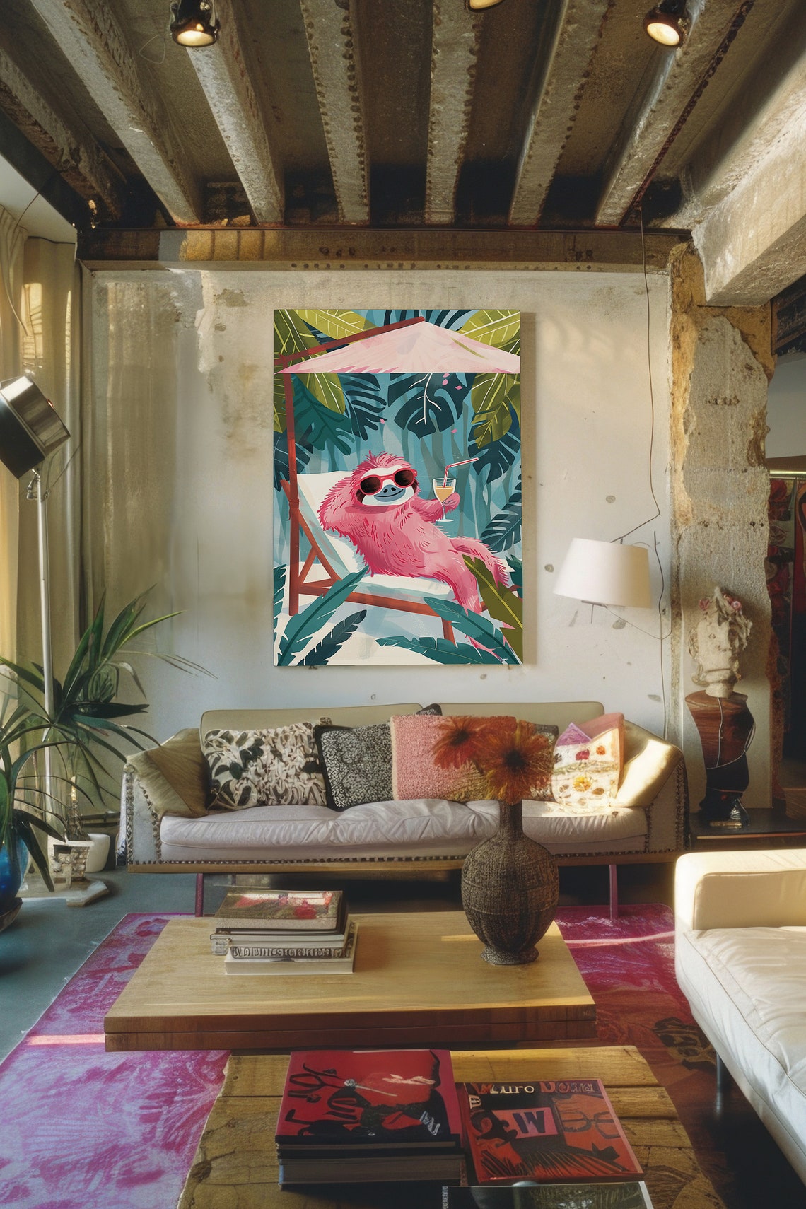 Relaxed Pink Sloth Beach Chair Poster Tropical Cocktail Summer Decor - Image 4