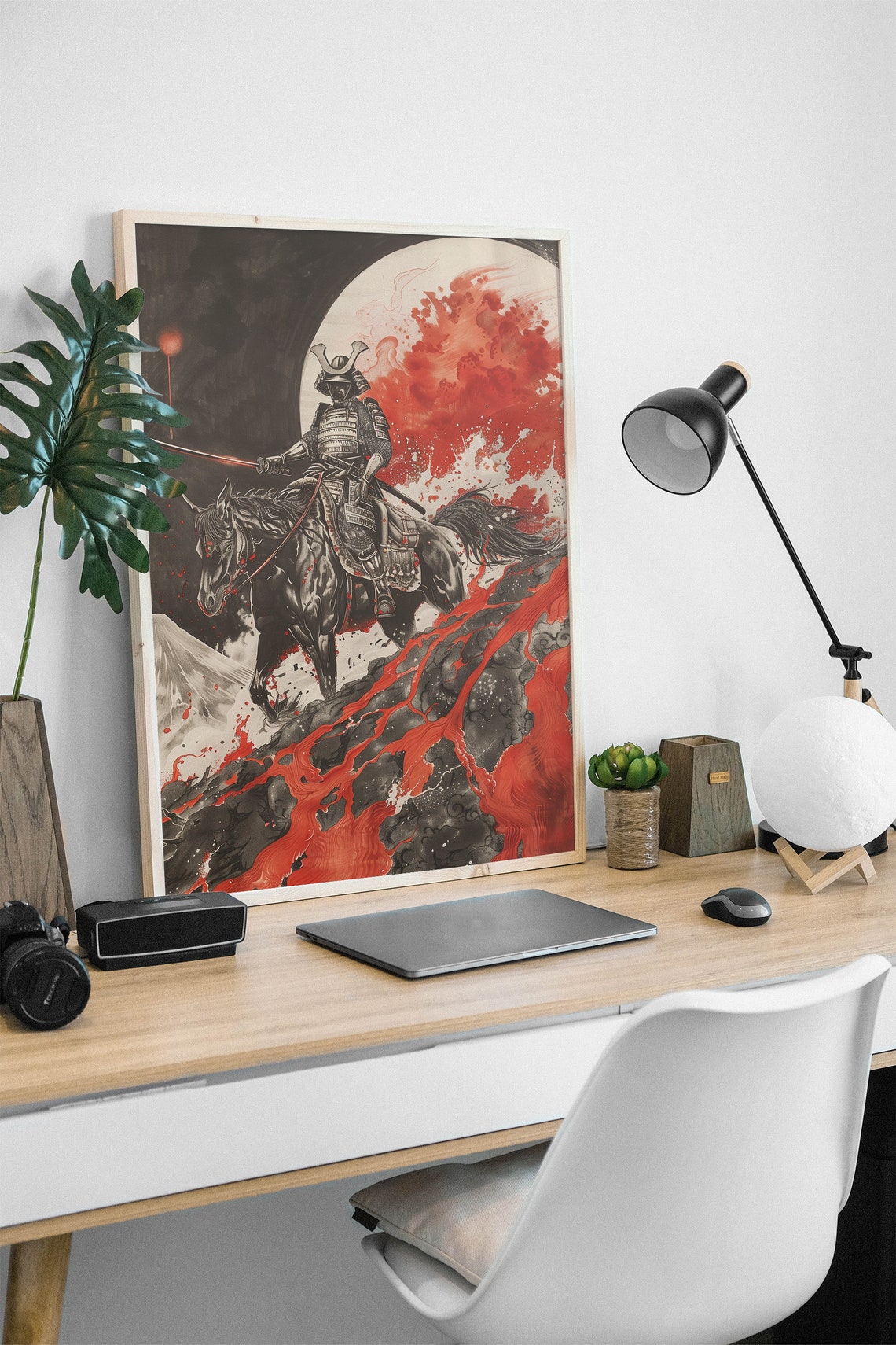 Samurai Warrior On Horseback Art Mount Fuji Red Black Ink Poster - Image 2