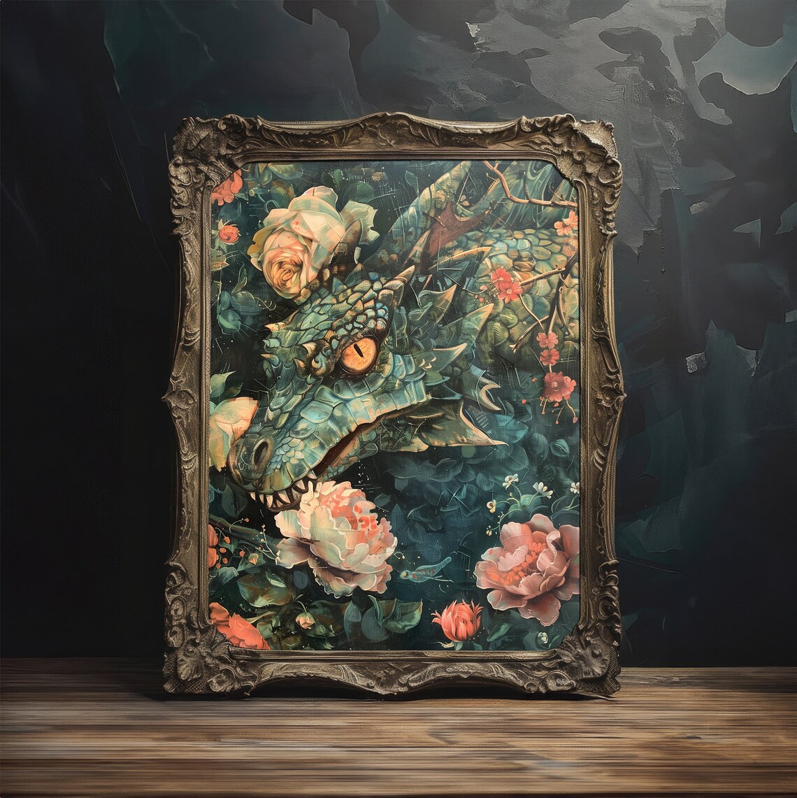 Green Dragon Among Roses Dark Cottagecore Fantasy Art Poster - Image 4