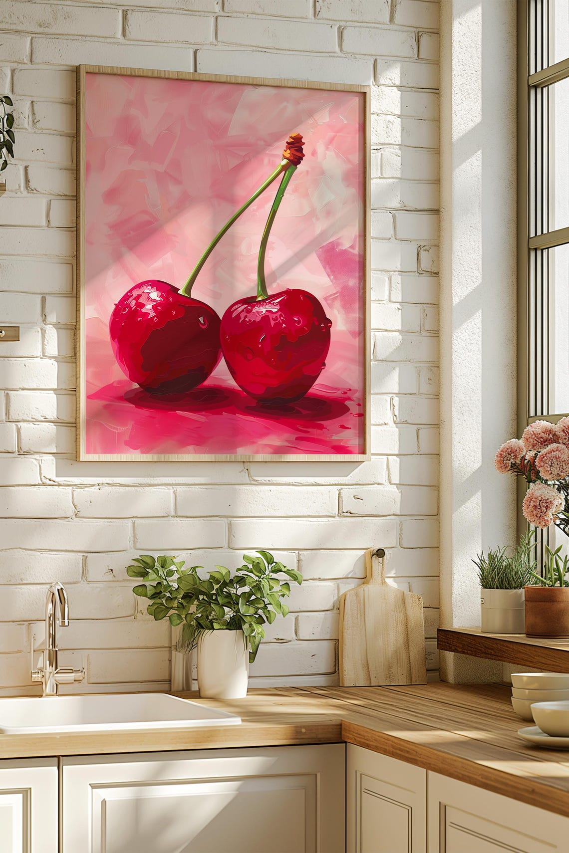 Red Cherry Pair Pink Background Retro Pop Art Fruit Kitchen Poster - Image 4