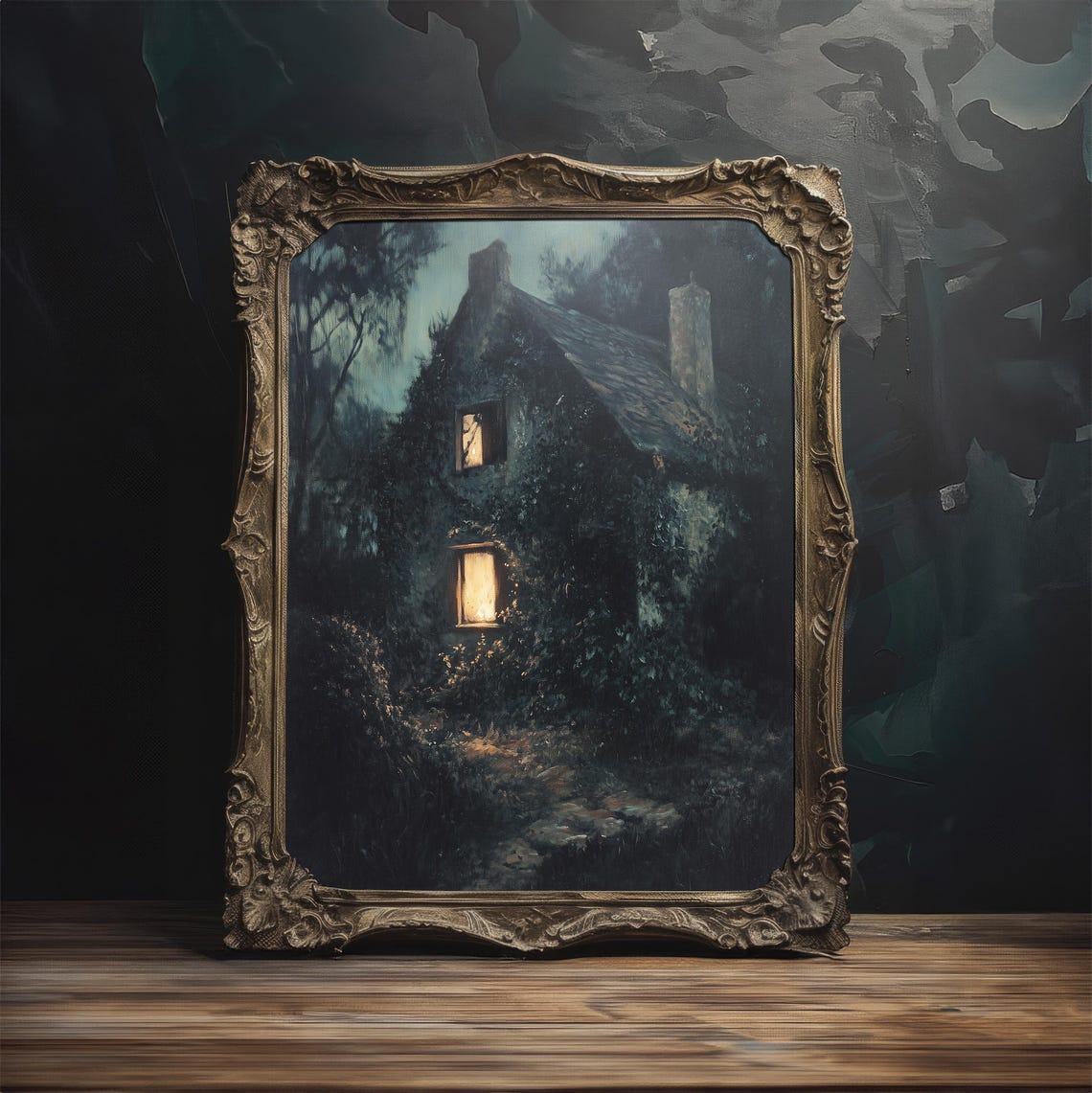 Ivy Covered Cottage at Night Glowing Windows Moody Painting Poster - Image 4