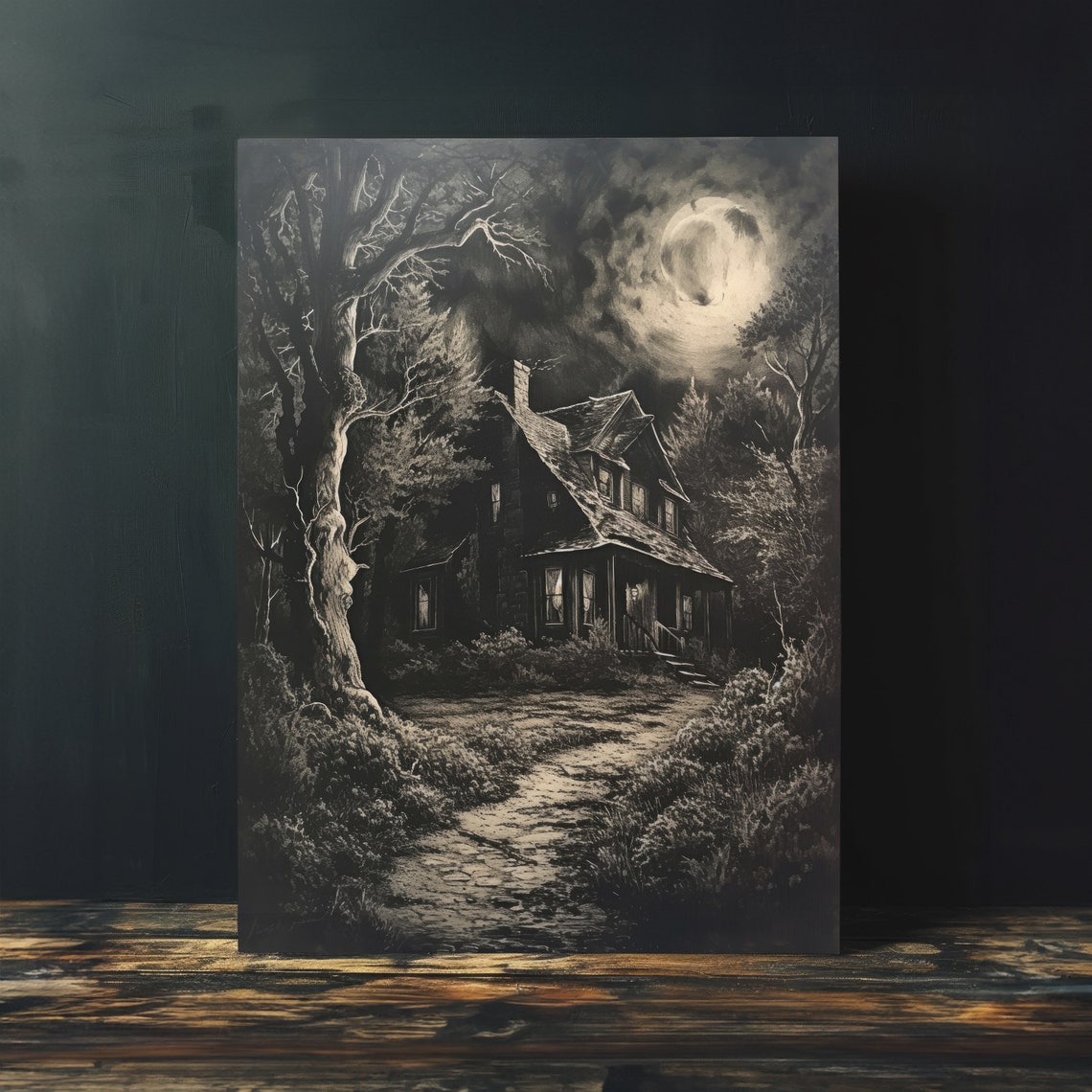 Moonlit Cabin In Dark Woods Monochrome Gothic Horror Art Poster - Image 4