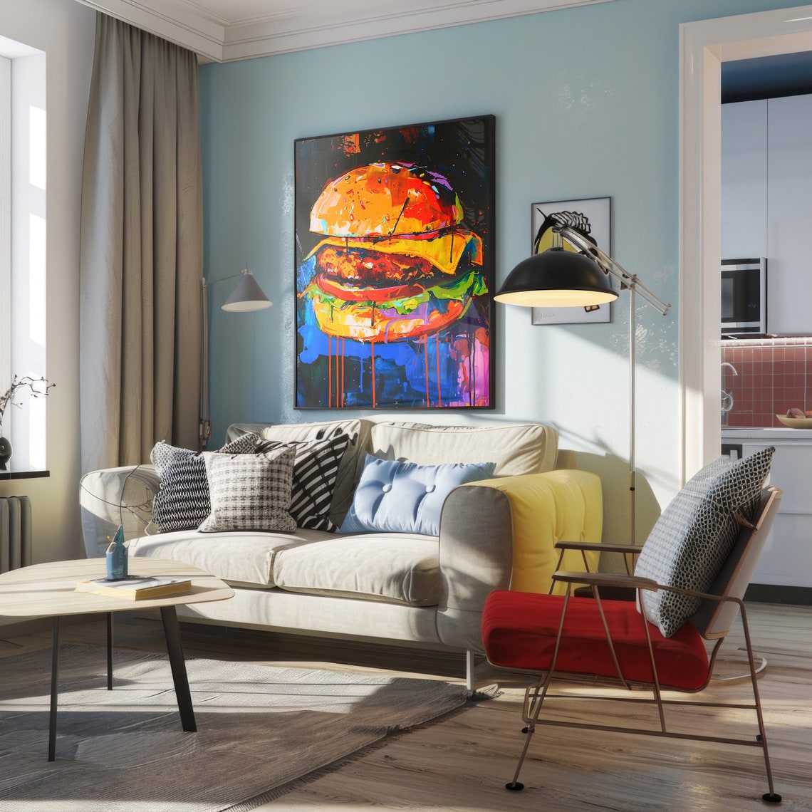 Colorful Burger Pop Art Juicy Cheeseburger Painting Kitchen Poster - Image 2