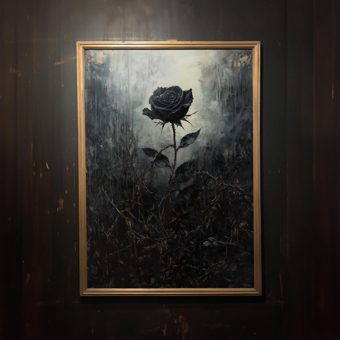 Black Rose Thorny Stem Moody Ornate Gothic Floral Painting Poster - Image 3