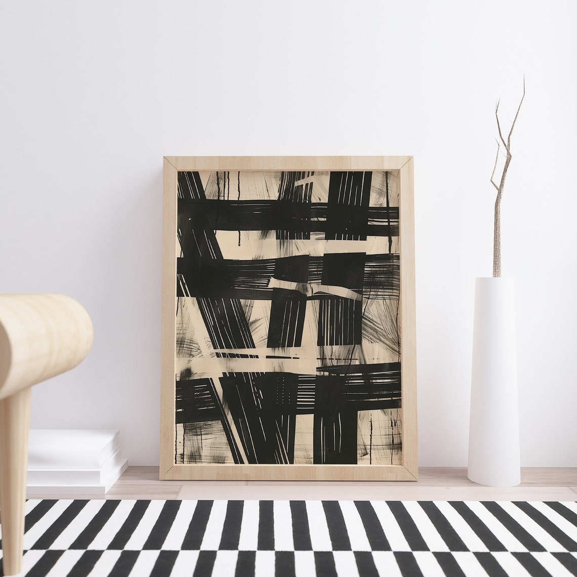 Black Cream Abstract Brushstroke Blocks Modern Minimalist Art Poster - Image 3