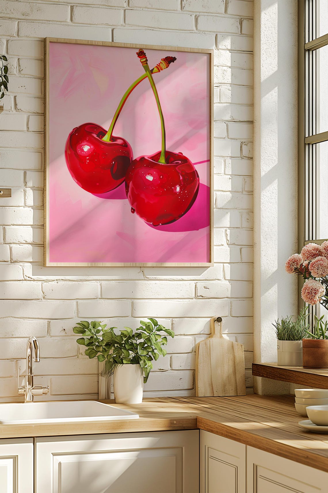 Red Cherries Pink Background Bold Oil Style Fruit Kitchen Wall Art - Image 4