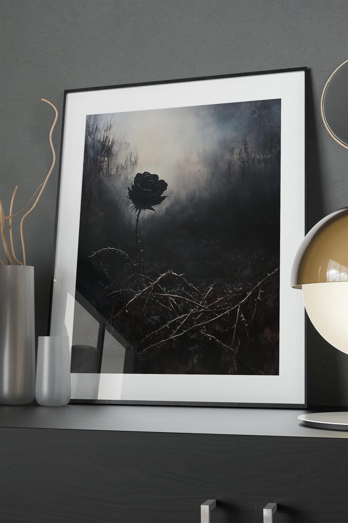 Black Rose in Misty Gray Wilderness Thorny Gothic Painting Poster - Image 2