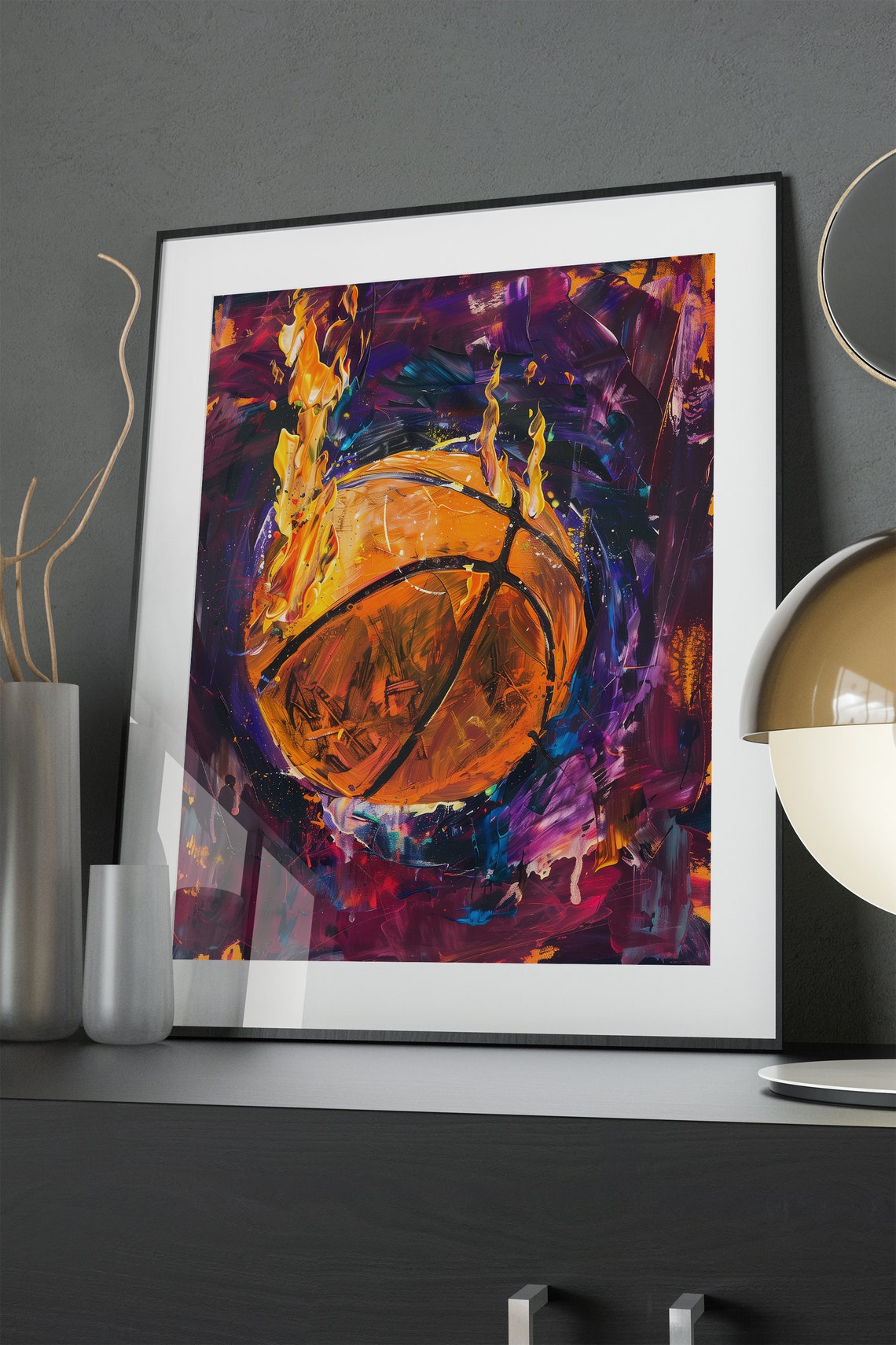 Burning Basketball Flames Abstract Painting Poster Sports Energy Decor - Image 3