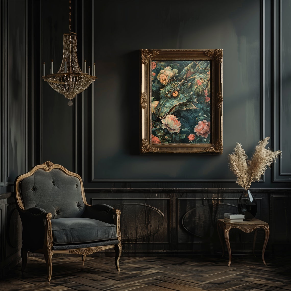 Green Dragon Among Roses Dark Cottagecore Fantasy Art Poster - Image 2