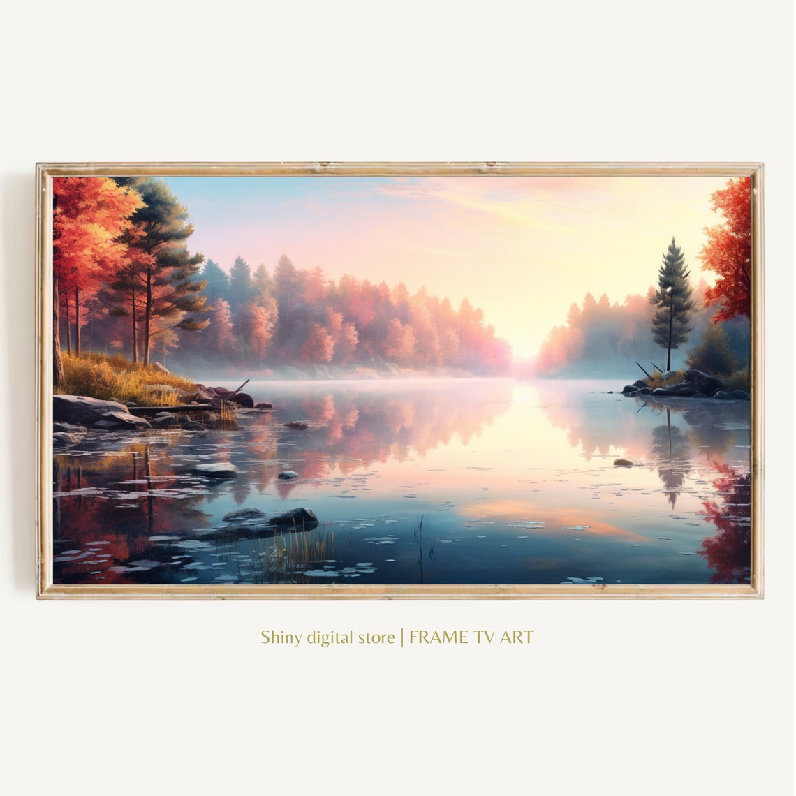 Misty Autumn Lake Sunrise Mirror Reflection Pines Landscape Poster