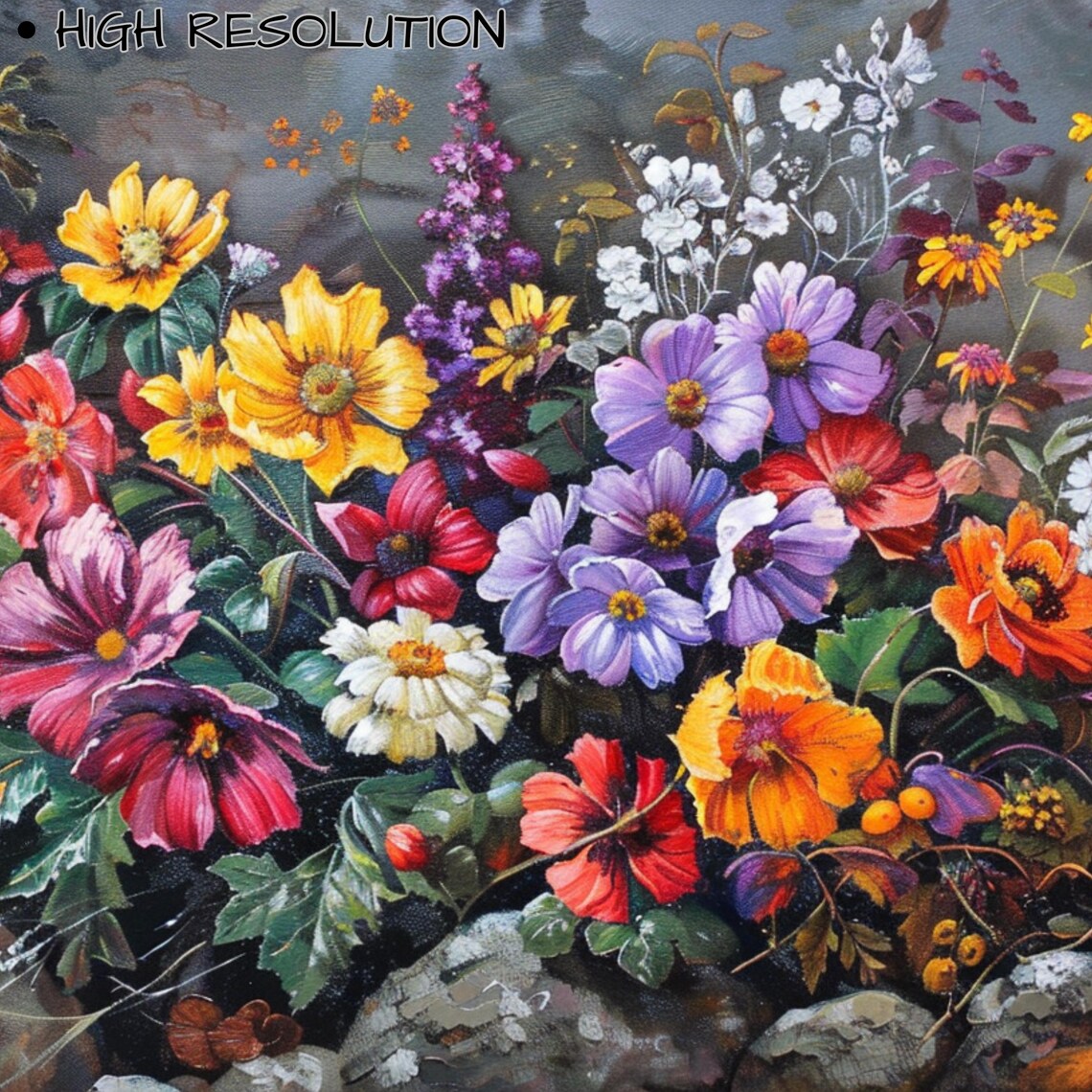 Colorful Wildflower Garden Against Gray Stone Wall Floral Poster - Image 3
