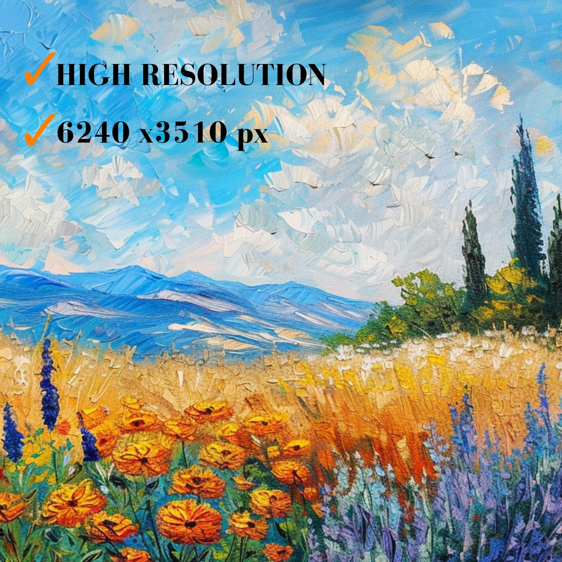 Tuscan Wheat Field Wildflowers Cypress Trees Mountain Landscape Poster - Image 3