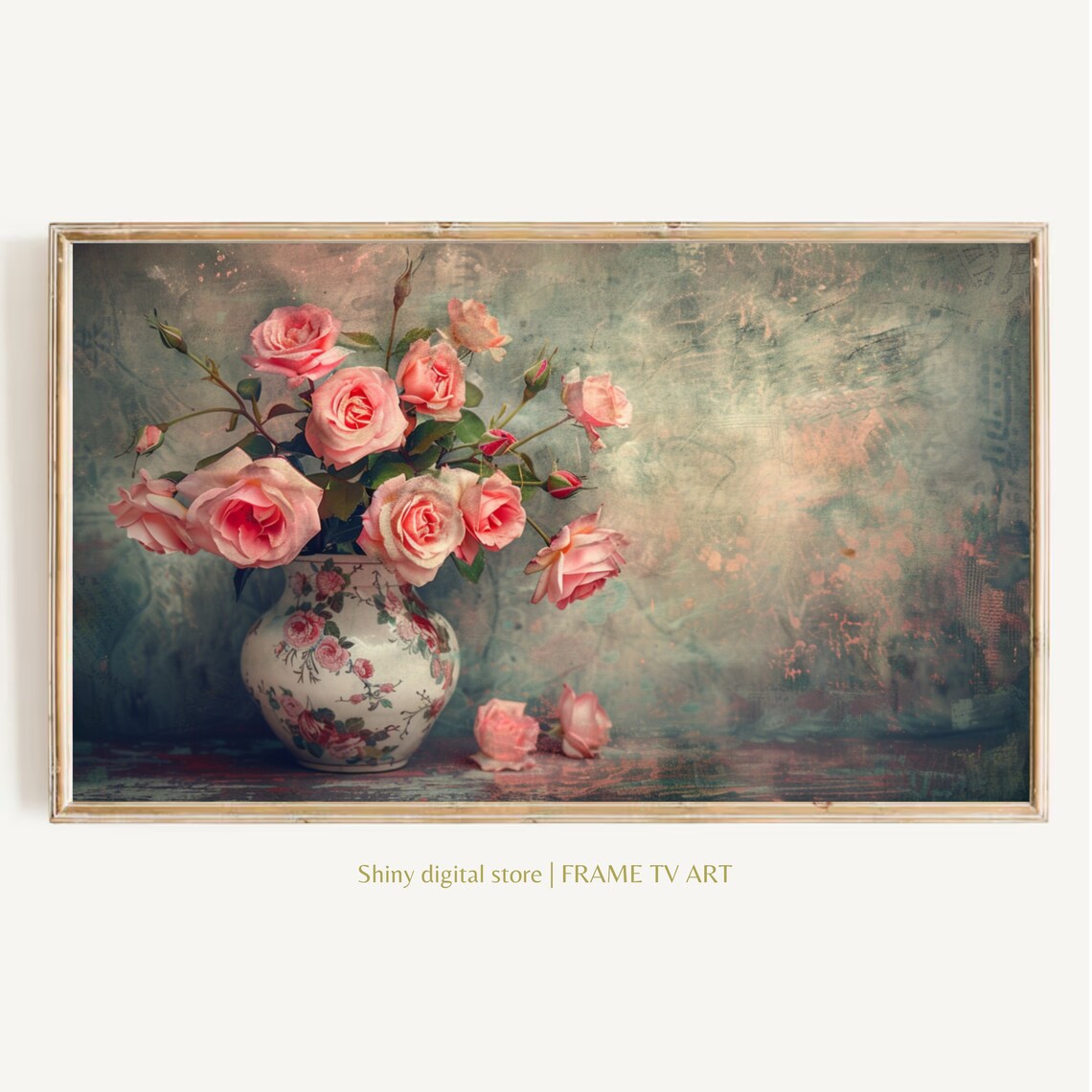 Pink Roses Floral Porcelain Vase Vintage Romantic Rose Bouquet Poster