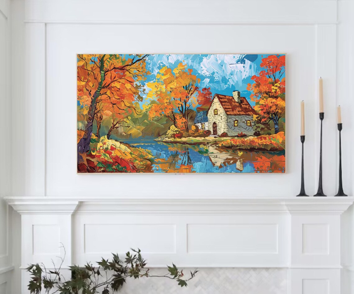 Autumn Farmhouse Pond Reflection Orange Trees Country Landscape Poster - Image 2