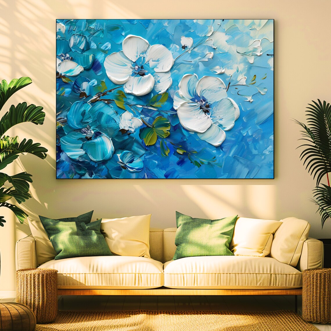 Blue White Impasto Floral Oil Painting Textured Spring Art Poster - Image 2