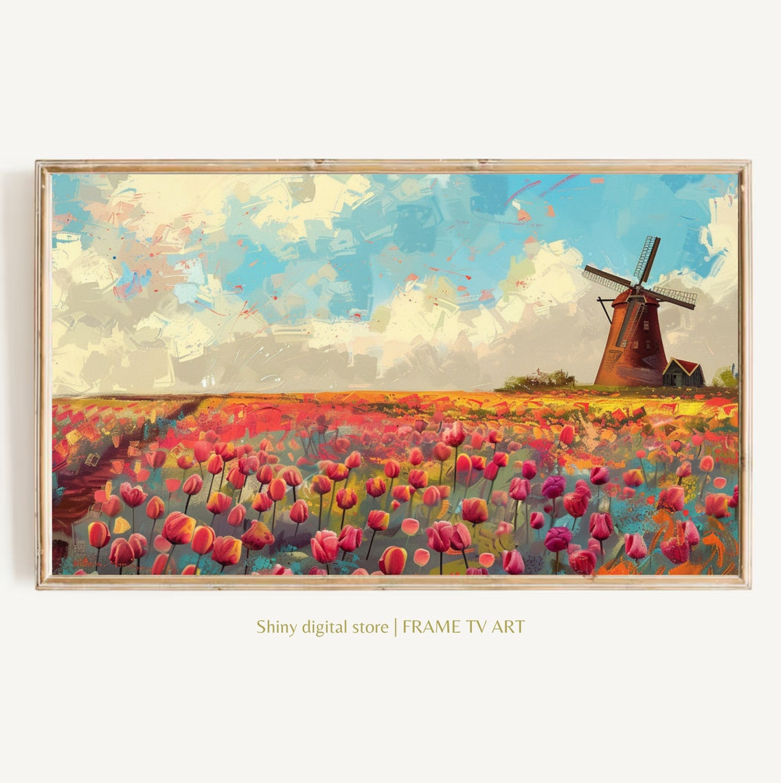 Dutch Windmill Red Tulip Fields Holland Spring Landscape Travel Poster