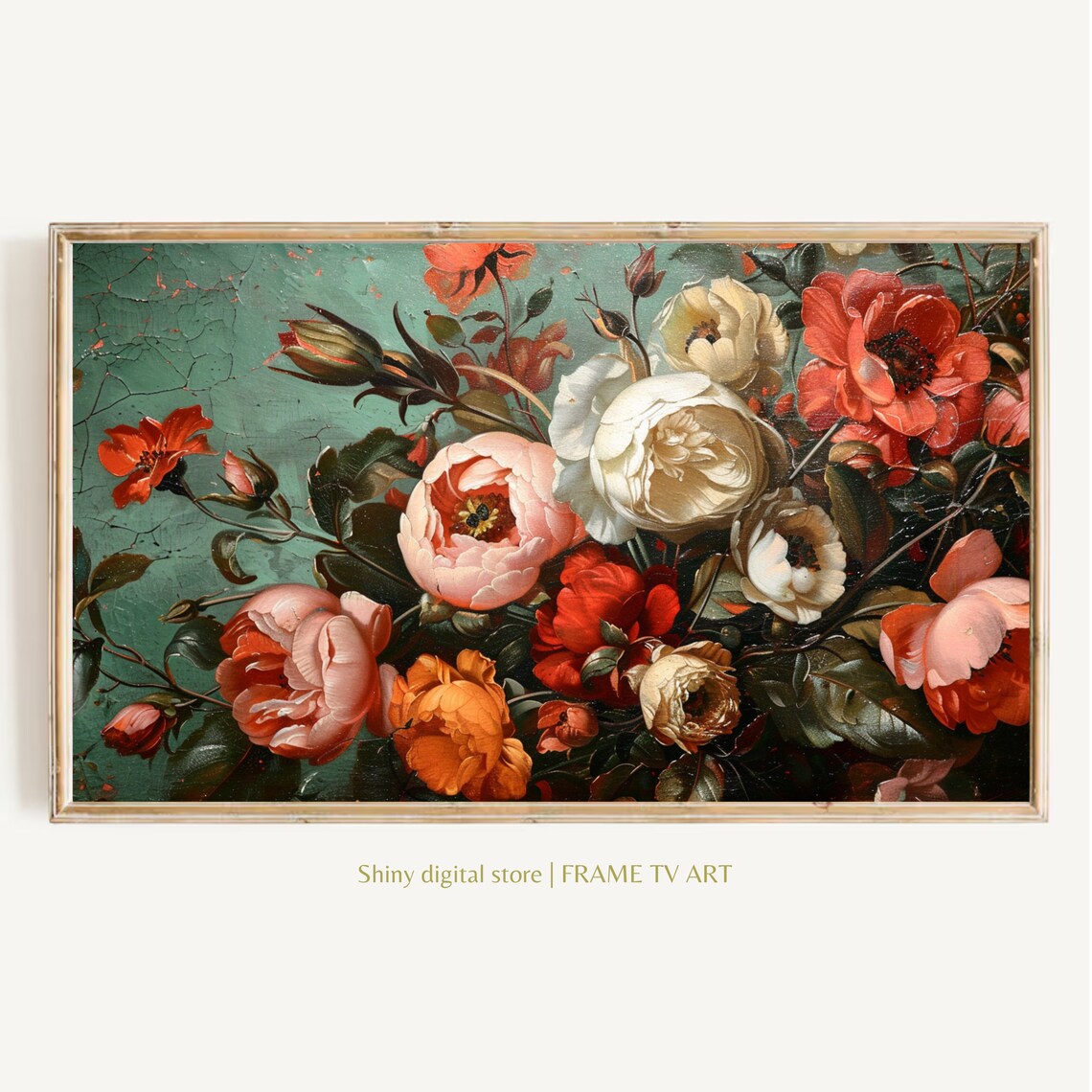 Vintage Roses Still Life Crackled Green Background Red White Art Print