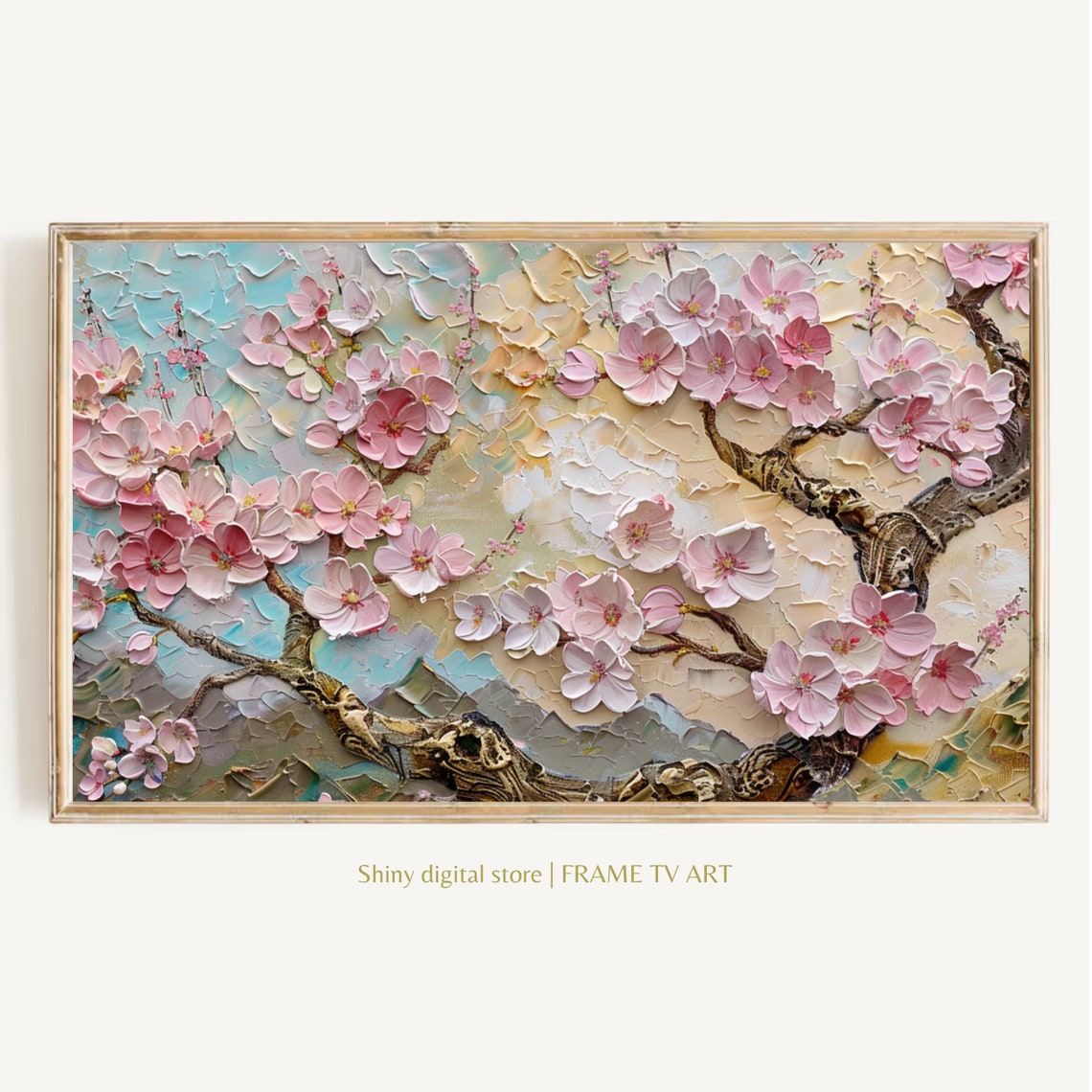 Pink Cherry Blossoms On Branch Soft Pastel 3D Textured Painting Poster
