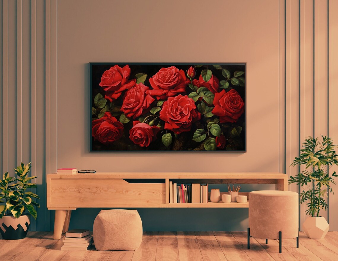 Vibrant Red Roses Floral Painting Dark Botanical Wall Art Print - Image 3