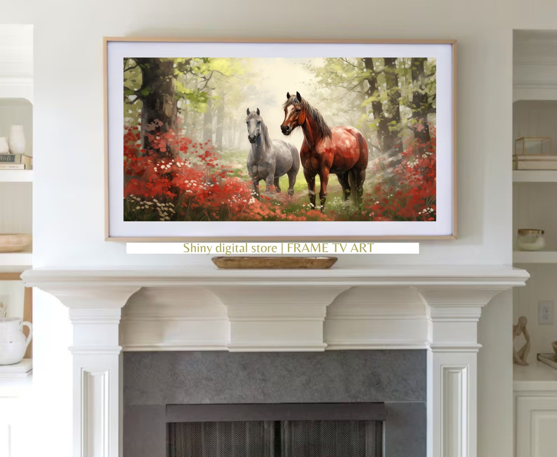 Chestnut And Grey Horses Forest Meadow Poppies Wildlife Wall Art - Image 3