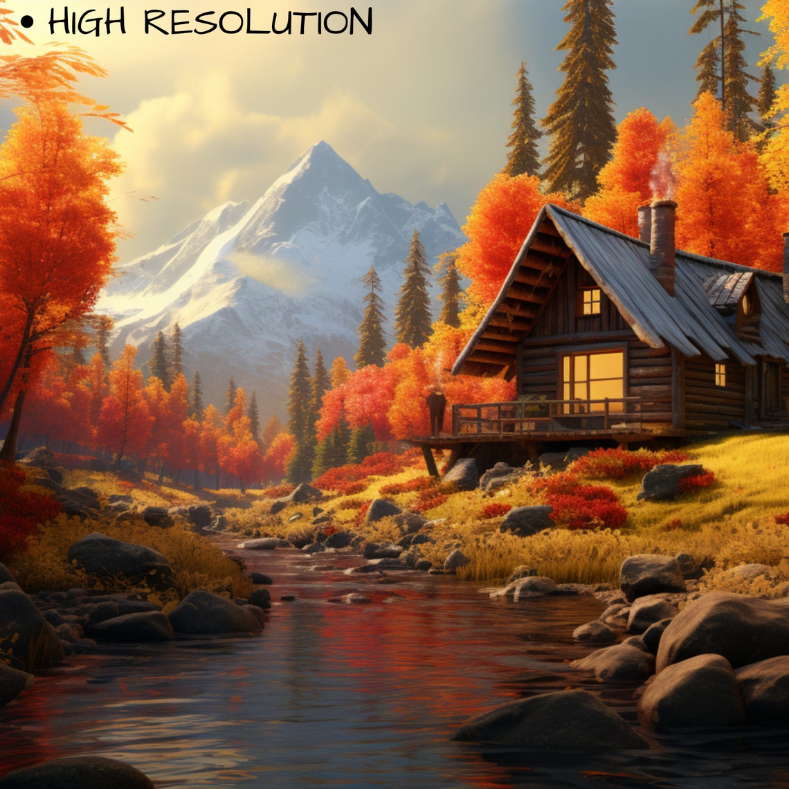 Cozy Autumn Log Cabin Stream Snowy Mountain Fall Foliage Poster - Image 3