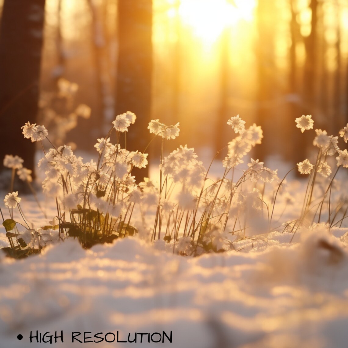 Sunlit Snow Forest Frosted Wildflowers Golden Winter Art Poster - Image 3