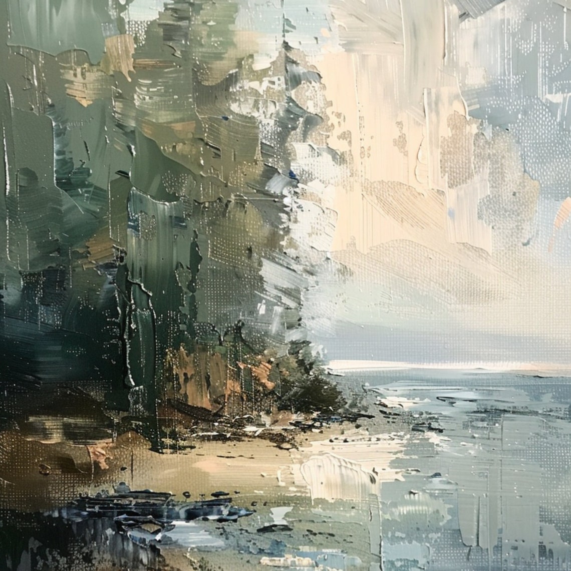 Abstract Muted Coastal Shoreline Oil Painting Neutral Beach Poster - Image 3