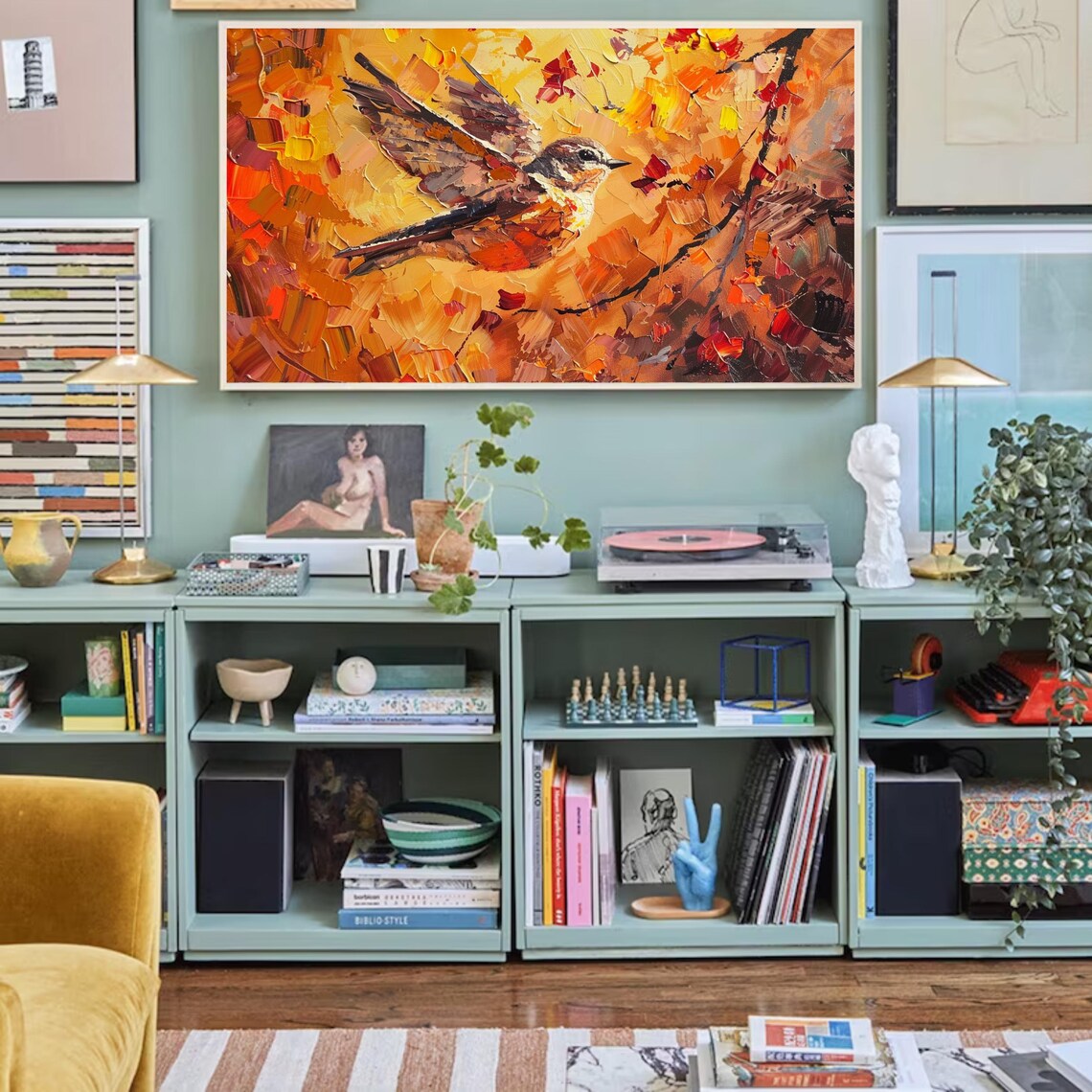 Songbird In Flight Orange Autumn Leaves Impasto Bird Painting Poster - Image 2
