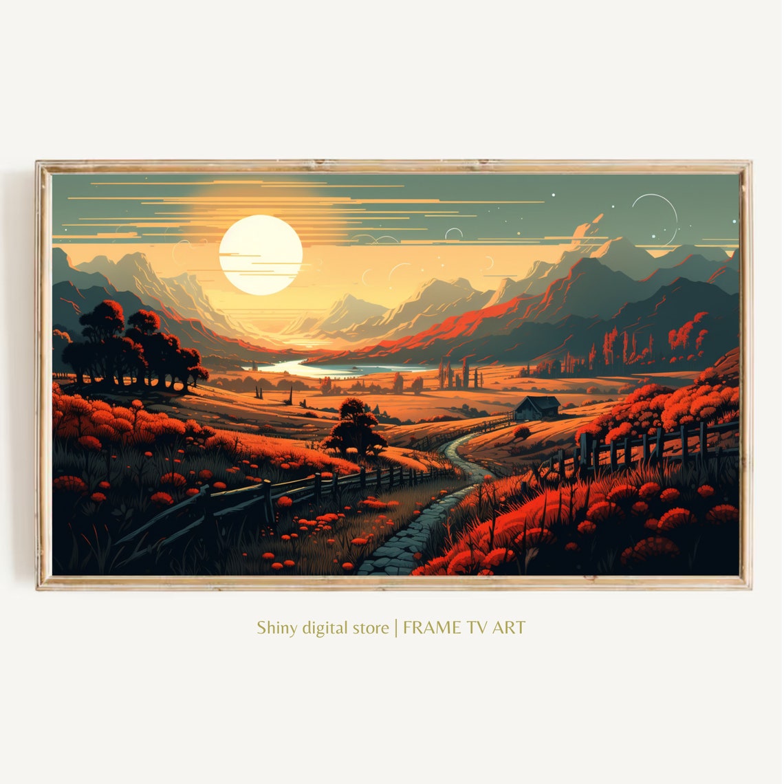 Sunset Mountain Valley Golden Stone Path Country Illustration Poster