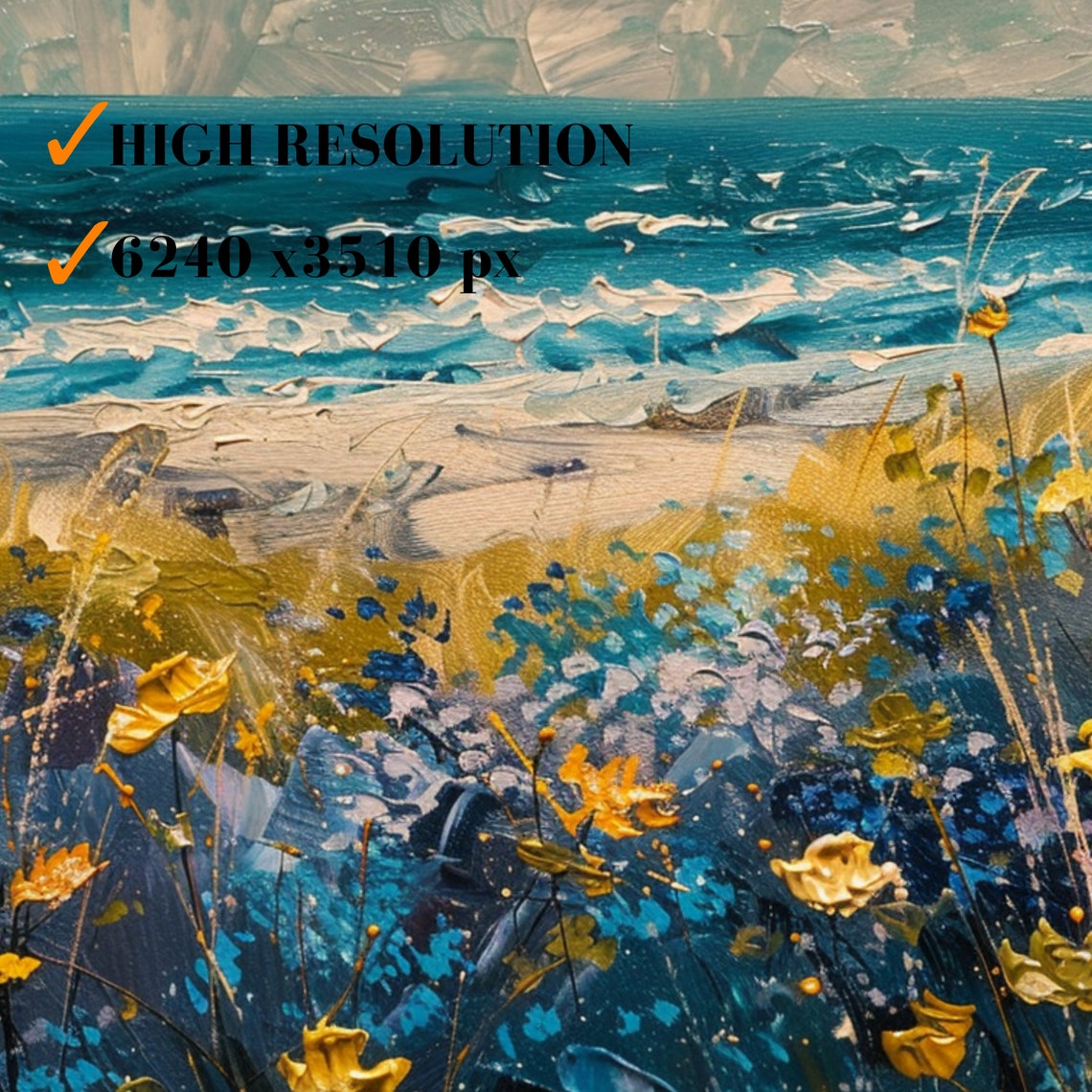 Coastal Wildflower Field Blue Ocean Waves Textured Oil Painting Poster - Image 3