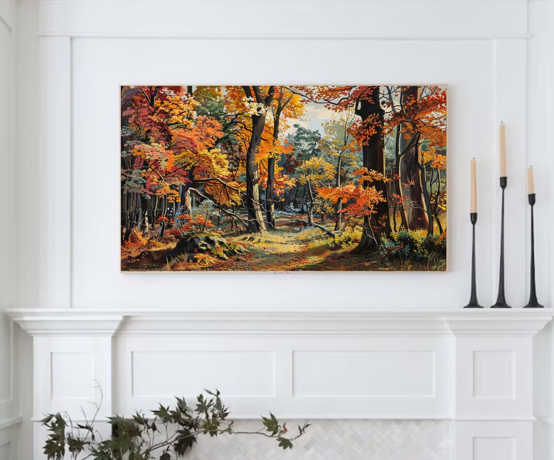 Autumn Forest Sunlit Path Golden Canopy Fall Woods Painting Poster - Image 2