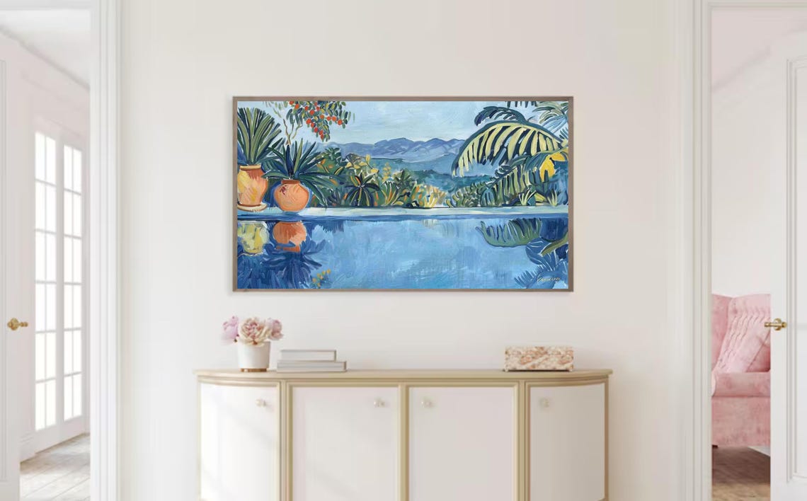Tropical Pool Palm Trees Terracotta Pots Mountain View Art Poster - Image 2