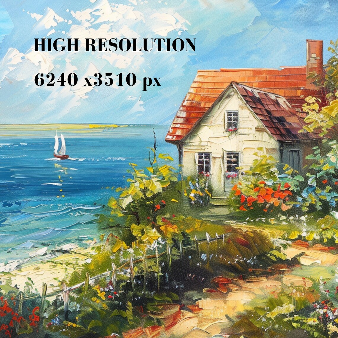 Sunny Coastal Cottage Garden Sailboat Seaside Summer Art Poster - Image 3