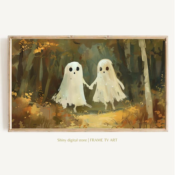 Halloween Frame Tv Art Cute Ghost Art For Fall Tv Warm Toned Autumn Cottagecore Illustration