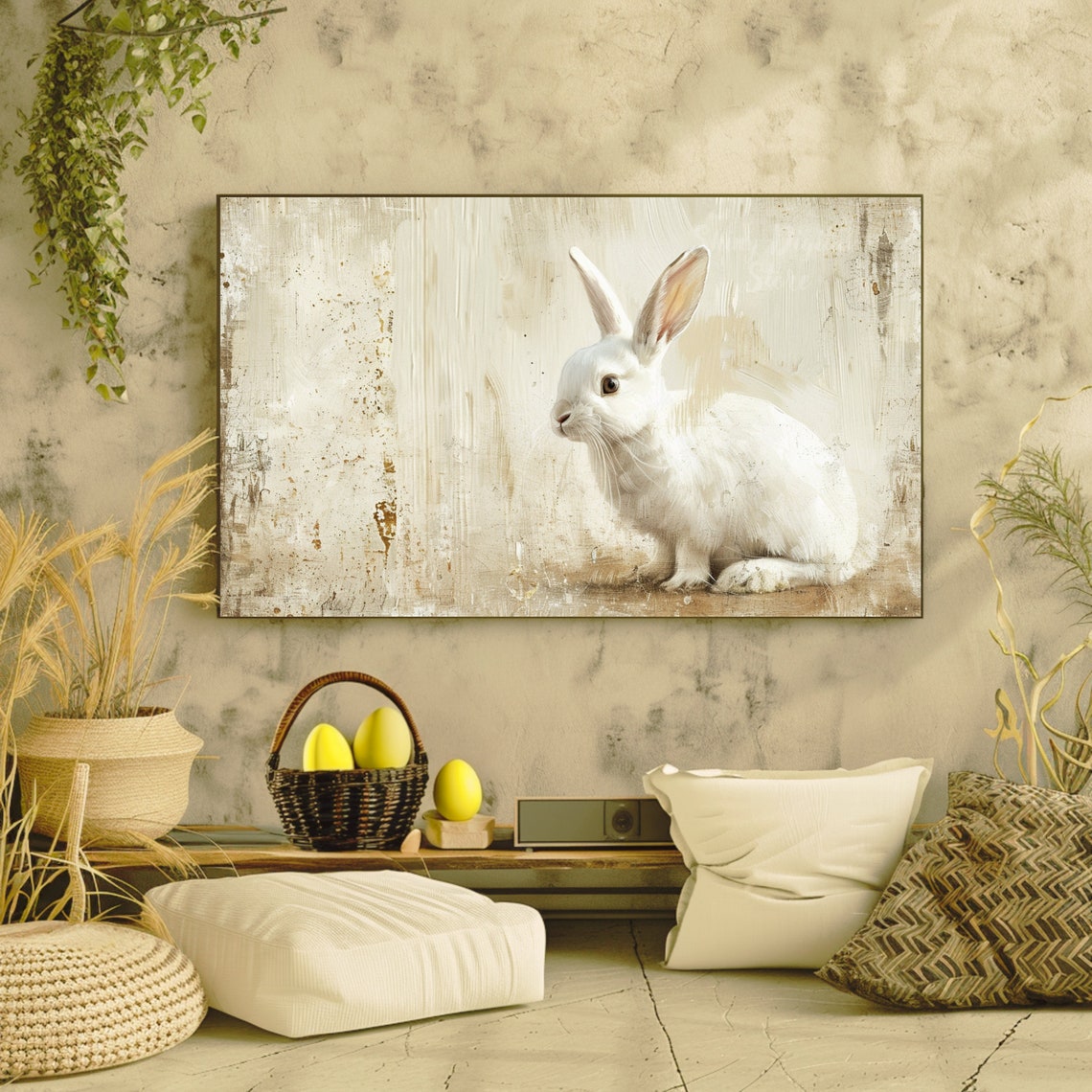 White Bunny Rabbit on Vintage Textured Background Rustic Easter Poster - Image 2