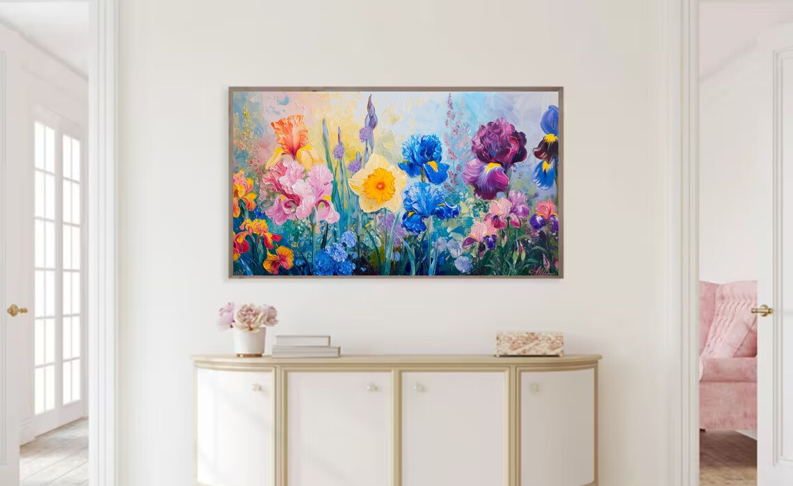 Colorful Iris Garden Bloom Orange Blue Purple Flowers Oil Painting - Image 2