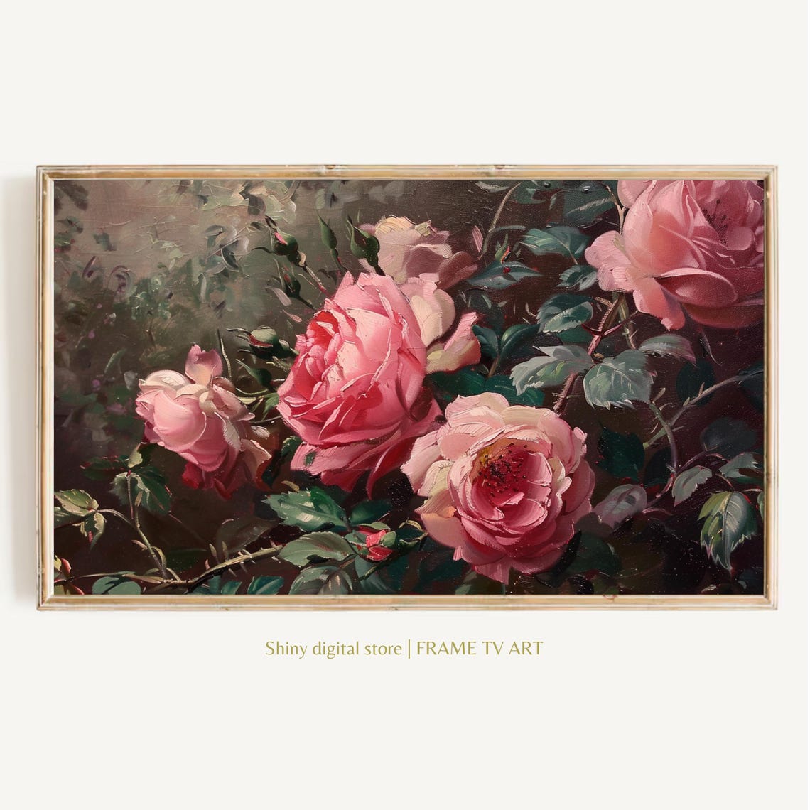 Pink Roses Oil Painting Dark Background Garden Vintage Art Print