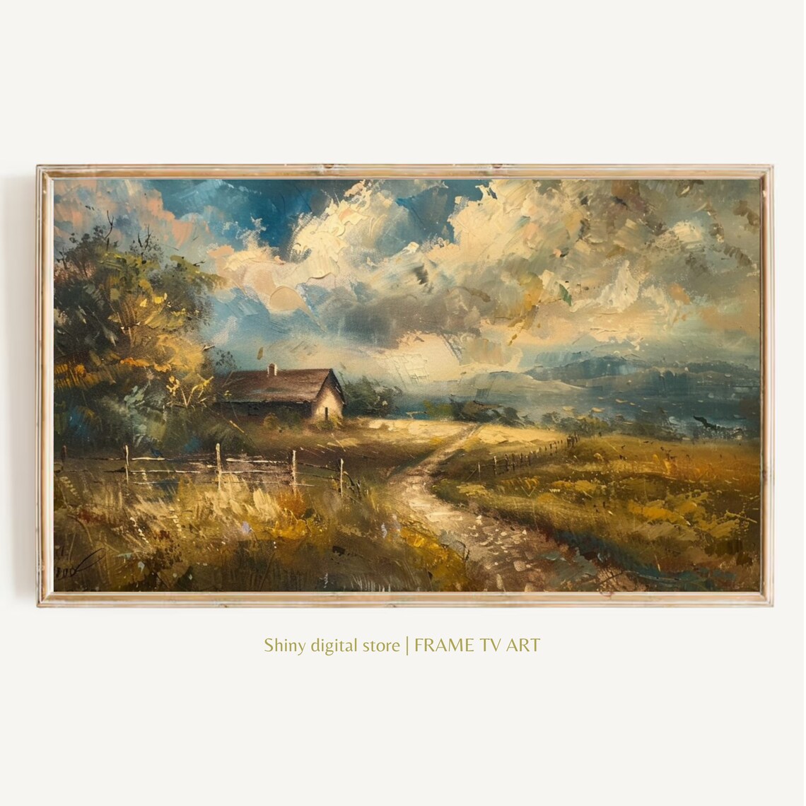 Moody Country Cottage Golden Field Vintage Landscape Art Poster