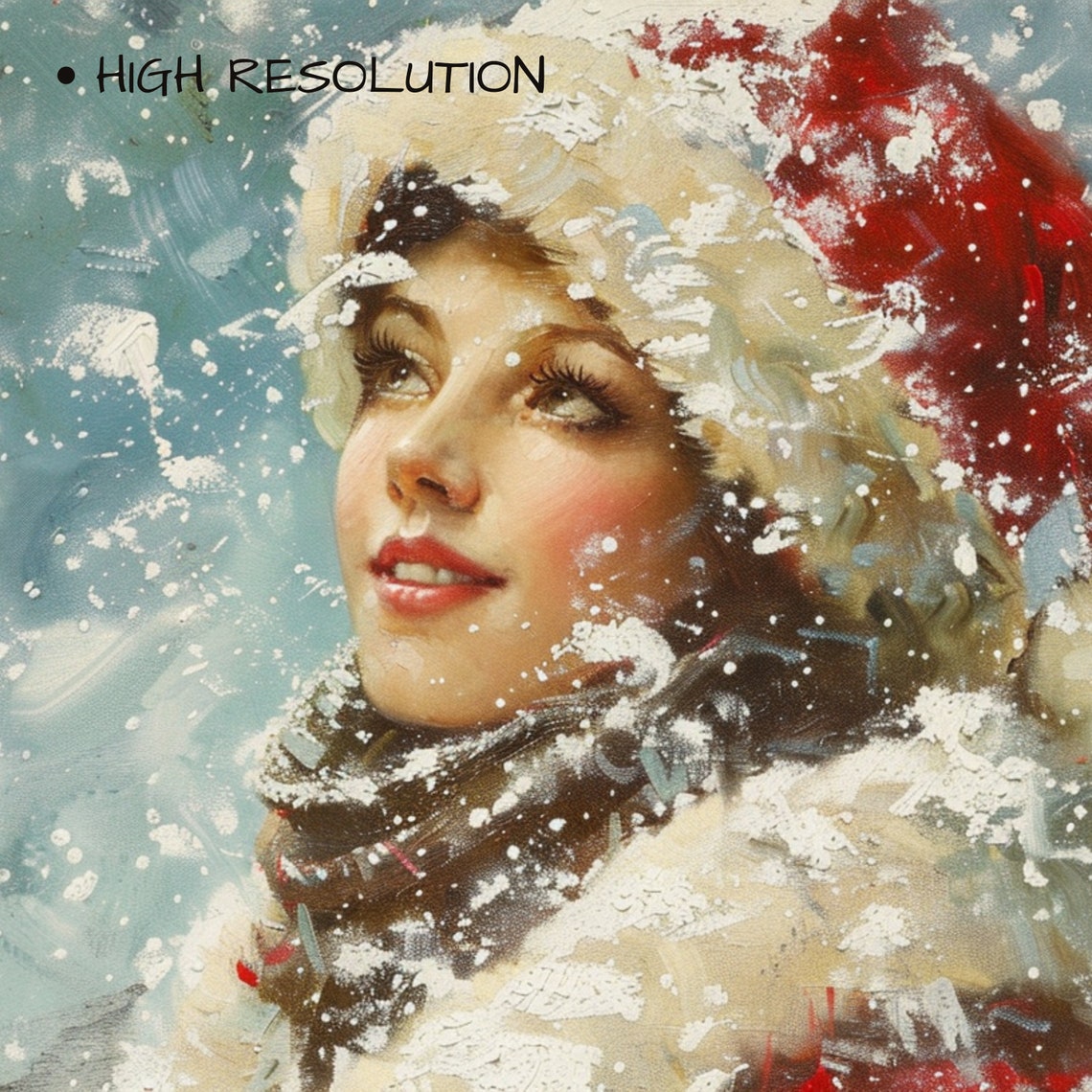 Vintage Woman Red Santa Hat Falling Snow Christmas Portrait Art Poster - Image 3