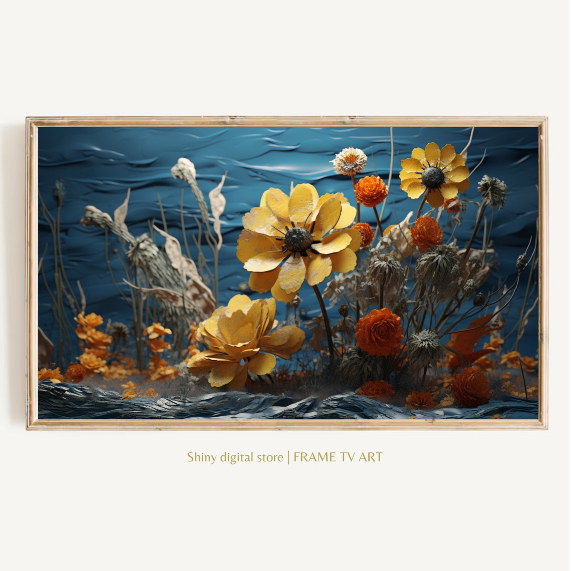 Golden Yellow Flowers 3D Textured Blue Wave Background Floral Print
